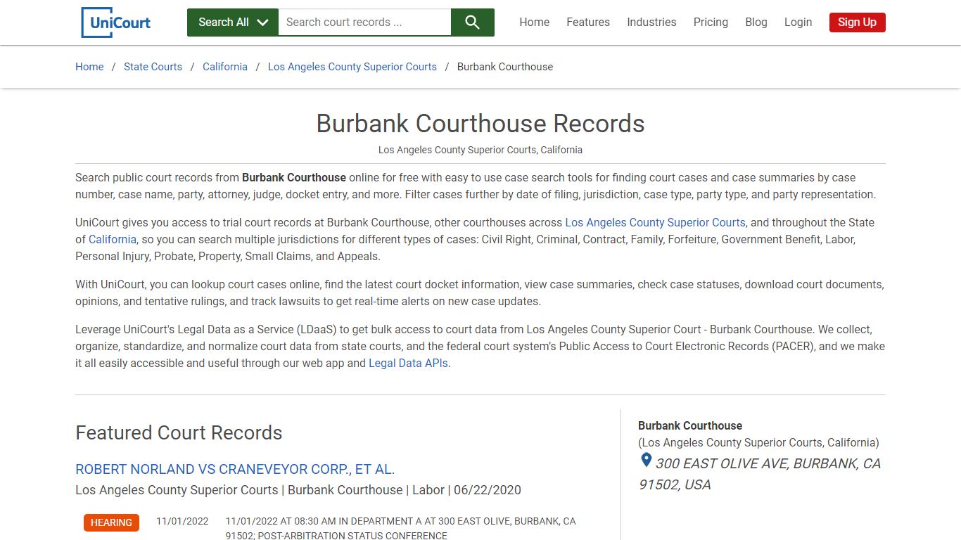 Burbank Courthouse Records | Los Angeles | UniCourt